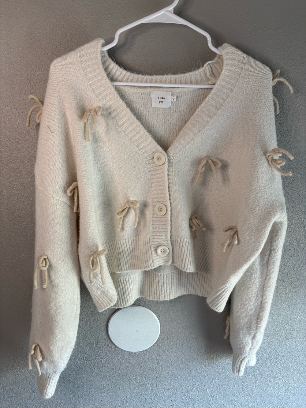Luna Ivy Cream Bow-Tie V-Neck Button Cardigan